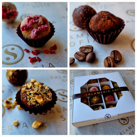 Кутия с 9/16 бонбона микс Бял шоколад/Кафе и пекан/Портокал и лешник